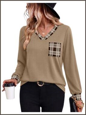 V Neck Long Sleeve Tunic Top Casual Loose Fit Womens Fall Shirt